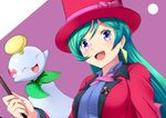  breasts brooch chimecho earrings formal gen_3_pokemon green_hair hat highres jacket jewelry long_hair magician medium_breasts open_mouth pantyhose pokemon pokemon_(anime) pokemon_(creature) purple_eyes ribbon shizue_(pokemon) smile suit top_hat wand yomitrooper 