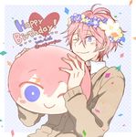  flower_crown free! male_focus pink_hair purple_eyes shigino_kisumi wink 