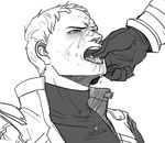 2boys bara cum cum_in_mouth facial gloves monochrome multiple_boys overwatch reaper_(overwatch) scar soldier:_76_(overwatch) tongue tongue_out yaoi 