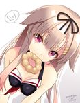  atori black_bow black_ribbon black_swimsuit blonde_hair bow doughnut food food_in_mouth grey_background hair_flaps hair_ornament hair_ribbon hairclip image_sample kantai_collection looking_at_viewer mouth_hold poi pon_de_ring red_eyes remodel_(kantai_collection) ribbon signature simple_background solo speech_bubble straight_hair swimsuit twitter_sample twitter_username yuudachi_(kantai_collection) 