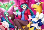  2girls absurdres black_legwear blue_leotard breasts brooch chimecho chingling earrings formal gallade gen_1_pokemon gen_2_pokemon gen_3_pokemon gen_4_pokemon gen_5_pokemon gen_6_pokemon girafarig green_hair hat highres jacket jewelry leotard long_hair magician medium_breasts meowstic mounting mr._mime multiple_girls open_mouth pantyhose pokemon pokemon_(anime) pokemon_(creature) purple_eyes reuniclus ribbon shizue_(pokemon) smile suit top_hat wand yomitrooper 