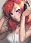  blush chlfl05 hands_on_headphones headphones looking_at_viewer love_live! love_live!_school_idol_project nishikino_maki off_shoulder purple_eyes red_hair smile solo upper_body 