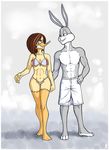  absurd_res anthro avian beak bird brown_hair bugs_bunny clothed clothing duck duo eye_contact female hair hi_res lagomorph looney_tunes luraiokun male male/female mammal midriff rabbit simple_background tina_russo topless warner_brothers 