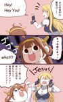  2girls :d ahoge anger_vein black_eyes blonde_hair breasts brown_hair chibi cleavage comic comic_sans commentary cup detached_sleeves don't_try_this_at_home double_bun english fingerless_gloves gloves hairband holding iowa_(kantai_collection) ishii_hisao kantai_collection kongou_(kantai_collection) large_breasts long_hair multiple_girls nontraditional_miko open_mouth rectangular_mouth smile teacup translated 