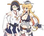  :d black_eyes black_hair blonde_hair breasts cleavage commentary detached_sleeves elbow_gloves fingerless_gloves garter_straps glasses gloves hairband iowa_(kantai_collection) kantai_collection kirishima_(kantai_collection) large_breasts long_hair miniskirt multiple_girls nanashino navel no_legwear nontraditional_miko one_eye_closed open_mouth pleated_skirt purple_eyes sarashi semi-rimless_eyewear short_hair simple_background skirt smile star star-shaped_pupils symbol-shaped_pupils thighhighs white_background zettai_ryouiki 