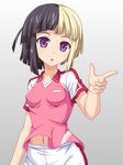  black_hair blonde_hair breasts chestnut_mouth collarbone f_1chan impossible_clothes impossible_shirt multicolored_hair navel open_mouth pointing purple_eyes shirt small_breasts soccer_uniform solo sportswear tajima_shiina two-tone_hair upper_body venus_eleven_vivid! 