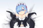  bed blue_eyes blue_hair breasts cleavage headdress maid re:zero_kara_hajimeru_isekai_seikatsu rem_(re:zero) short_hair tagme_(artist) 