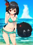  alternate_costume aqua_bikini aqua_bikini_top bare_shoulders bikini black_hair blush breasts cannon cleavage commentary_request flower hair_flower hair_ornament hand_in_hair headgear highres kantai_collection large_breasts momiji_(103) navel ocean red_eyes short_hair solo starfish swimsuit turret weapon yamashiro_(kantai_collection) 