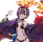  fang fate/grand_order fate_(series) groin horns japanese_clothes kimono light_trail looking_at_viewer navel oni oni_horns open_mouth purple_eyes purple_hair short_hair shuten_douji_(fate/grand_order) smile solo tsuedzu 