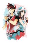  1girl black_hair black_shirt blue_(pokemon) blue_eyes blue_shirt brown_hair denim hat headwear jeans pants pokeball pokemon pokemon_special red_(pokemon) red_eyes red_jacket red_skirt ring watercolor wristbands 