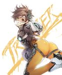  :d ankle_boots arm_up armor armored_boots artist_name ass bodysuit bomber_jacket boots brown_hair brown_jacket from_behind gauntlets glowing goggles grin hand_in_hair jacket looking_at_viewer looking_back open_mouth orange_bodysuit overwatch pants short_hair skin_tight smile solo teddy_(khanshin) teeth thigh_strap tracer_(overwatch) white_footwear yellow_pants 