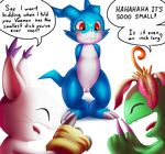  aid-cut anthro blush cat chode digimon embarrassed feline female gatomon humiliation laugh male mammal palmon penis plant pointing reptile scalie small_balls small_penis small_penis_humiliation speech_bubble text uncut veemon 