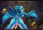  2016 anthro anus avian avian_(starbound) beak blue_eyes breasts butt feathered_wings feathers female flora_fauna looking_back max_yunlong nude plant pussy pussy_juice starbound tears tentacles video_games wings 