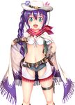  :d ayase_tamaki belt black_gloves blush braid cape cowboy_hat cowboy_shot fingerless_gloves flower flower_knight_girl gloves green_eyes hat hat_flower lisianthus_(flower_knight_girl) long_hair looking_at_viewer midriff navel open_mouth panties purple_hair red_scarf scarf short_shorts shorts side_ponytail simple_background smile solo underwear white_background white_hat white_panties 