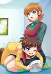  1girl ass bangs blue_eyes blush bodysuit brown_hair chargeman_ken! earrings indoors izumi_ken izumi_saori mother_and_son one_eye_closed open_mouth orange_hair seiza short_hair socks spanked spanking turtleneck 