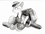  2011 backpack boots clothing footwear hat manmosu_marimo melee_weapon monochrome simple_background sitting sword tagme weapon whiskers white_background 