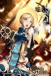  aqua_eyes blonde_hair braid breastplate company_name copyright_name feathers french_braid gauntlets grand_sphere greaves halo highres long_hair looking_up official_art open_mouth sabi_wasabi sitting solo staff teeth wariza 