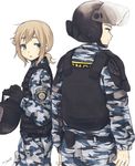  1girl androgynous arms_at_sides blonde_hair bulletproof_vest camouflage copyright_request emblem from_behind headwear_removed helmet helmet_removed long_sleeves looking_afar looking_at_viewer msc_nm police police_uniform policewoman short_hair simple_background standing translated ukraine ukrainian ukrainian_flag uniform white_background 