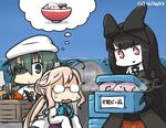  ahoge animal animal_on_head aqua_eyes bare_shoulders black_hair blobfish blue_sky bow bowtie box bunny bunny_on_head claw_hammer commentary dated double_bun dress eyepatch flying_sweatdrops food glasses green_hair hair_bow hammer hamu_koutarou kantai_collection kiso_(kantai_collection) long_hair makigumo_(kantai_collection) multiple_girls noodles on_head open_mouth pink_hair ramen red_eyes ruler saw school_uniform screwdriver seaplane_tender_hime shinkaisei-kan shirt sky sleeveless sleeveless_dress sleeves_past_fingers sleeves_past_wrists spoken_food sweat thought_bubble tools translated turn_pale twintails white_shirt 