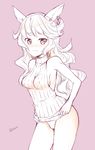 animal_ears armpits bare_arms bare_shoulders blush breasts closed_mouth covered_nipples cowboy_shot earrings erune ferry_(granblue_fantasy) fox_ears frown granblue_fantasy jewelry long_hair looking_at_viewer medium_breasts monochrome panties pink pink_background sakura_hanatsumi sideboob simple_background solo standing sweater_vest thighs underwear wavy_hair 