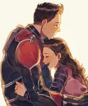  1girl ant-man ant-man_(movie) bad_id bad_pixiv_id bodysuit brown_hair cassie_lang closed_eyes cowlick father_and_daughter headwear_removed helmet helmet_removed highres hug long_hair marvel qin_(7833198) scott_lang shirt short_hair smile striped striped_shirt superhero 