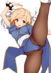  blonde_hair blush bracelet breasts brown_eyes bun_cover cameltoe china_dress chinese_clothes chun-li chun-li_(cosplay) commentary_request cosplay crotch djeeta_(granblue_fantasy) double_bun dress granblue_fantasy jewelry kaisen_chuui leg_up medium_breasts open_mouth pantyhose pelvic_curtain puffy_sleeves sash short_hair short_sleeves simple_background solo spiked_bracelet spikes spread_legs street_fighter white_background 