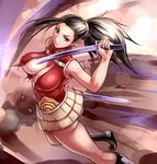  ass bare_arms bare_legs black_hair boku_no_hero_academia boots breasts brown_eyes cleavage cleavage_cutout dual_wielding holding katana large_breasts long_hair looking_at_viewer ponytail shirt skirt solo sukumo_(kemutai) sword torn_clothes weapon yaoyorozu_momo 