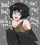  :d black_hair black_wings blue_eyes commentary dark_souls_iii english_commentary feathered_wings feathers grey_background harpy iwbitu-sa monster_girl open_mouth personification pickle_pee_pump-a-rum_crow short_hair simple_background smile solo souls_(from_software) sparkling_eyes winged_arms wings 