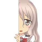  blush bow bowtie brown_eyes eyebrows eyebrows_visible_through_hair hair_between_eyes kantai_collection long_hair looking_at_viewer nagineko open_mouth peeking_out pola_(kantai_collection) smile solo transparent_background wavy_hair 