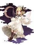  black_bow black_ribbon blonde_hair blush bow crescent_moon dress drill_hair full_body hair_bow hat long_sleeves looking_at_viewer luna_child moon open_mouth outstretched_arms red_eyes ribbon smile solo touhou toutenkou white_dress wide_sleeves 