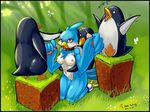  2014 anthro avian avian_(starbound) beak bird breasts collar crossover cum cum_on_breasts disgaea feathered_wings feathers female group group_sex handjob hi_res male male/female max_yunlong nipples nude open_mouth orgasm penguin prinny pussy sex starbound video_games wings 