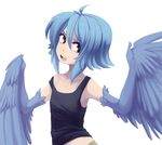  ahoge blue_hair blue_wings feathered_wings feathers flat_chest harpy iwbitu-sa monster_girl monster_musume_no_iru_nichijou open_mouth papi_(monster_musume) simple_background solo white_background wings yellow_eyes 