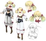  atelier_(series) atelier_rorona bare_shoulders blonde_hair boots bow bracelet brown_footwear character_sheet concept_art crop_top expressionless full_body green_eyes hair_bow jewelry kishida_mel knee_boots lionela_heinze multiple_views official_art pants red_bow short_hair turnaround twintails white_background white_pants white_sleeves 