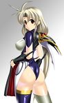  ahoge armor ass blonde_hair blush breasts brown_eyes cape from_behind gauntlets hairline langrisser large_breasts leotard long_hair looking_at_viewer riana_(langrisser) shiny shiny_clothes shiny_hair shiny_skin sideboob smile solo thighhighs very_long_hair yakkey 