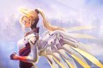  absurdres bangs black_gloves blonde_hair breastplate breasts closed_eyes cross emblem eyebrows eyelashes gloves hands_clasped high_ponytail highres interlocked_fingers light_smile lips lipstick logo long_hair makeup md5_mismatch mechanical_halo mechanical_wings medium_breasts mercy_(overwatch) overwatch own_hands_together parted_lips petals ponytail profile resized signature solo upper_body upscaled watermark web_address wings yellow_wings 