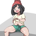  black_hair blue_eyes bulge censored female_protagonist_(pokemon_sm) futanari hat looking_at_viewer open_mouth penis plump pokemon shorts solo thick_thighs 