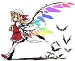  bat blonde_hair dress flandre_scarlet full_body hat hat_ribbon looking_at_viewer mob_cap necktie ominous_shadow puffy_short_sleeves puffy_sleeves red_dress red_eyes ribbon shadow shirt short_sleeves side_ponytail smile solo touhou toutenkou wings wrist_cuffs 