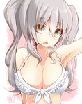  alternate_costume armpits bad_id bad_pixiv_id bra breasts cleavage commentary_request grey_hair hand_up highres kantai_collection kashima_(kantai_collection) large_breasts long_hair looking_at_viewer open_mouth sakakiba_misogi solo twintails underwear upper_body white_bra 