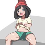  artist_request black_hair blue_eyes female_protagonist_(pokemon_sm) hat looking_at_viewer open_mouth plump pokemon pokemon_sm shorts thick_thighs tomboy 