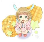  :3 :d animal_hood bangs blonde_hair blunt_bangs blush bunny_hood food from_above green_eyes himeno_kanon hood idolmaster idolmaster_side-m looking_at_viewer male_focus open_mouth polka_dot rice_(rice8p) smile solo star waffle 