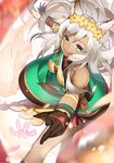  :q animal_ears arm_ribbon armlet bangs bare_shoulders belt between_breasts black_gloves blurry breasts cat_ears dark_skin depth_of_field dress erune eyebrows eyebrows_visible_through_hair flower gloves granblue_fantasy green_dress green_eyes grey_hair hair_flower hair_ornament light_particles long_hair looking_at_viewer medium_breasts motion_blur nemone outstretched_arms petals reaching ribbon shiyun single_strap smile solo spread_arms tongue tongue_out yellow_flower 