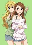  ;q ahoge blonde_hair brown_eyes brown_hair collarbone cutoffs green_background green_eyes hand_on_another's_shoulder hands_together hoshii_miki idolmaster idolmaster_(classic) lieass long_hair looking_at_viewer minase_iori multiple_girls off-shoulder_sweater one_eye_closed simple_background sweater tongue tongue_out w 