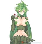  blue_eyes breasts breasts_apart dryad eyebrows eyebrows_visible_through_hair facebook_username green_hair highres kii_(monster_musume) kndy large_breasts leaf long_hair monster_girl monster_musume_no_iru_nichijou mushroom navel patreon_logo patreon_username plant_girl plant_hair simple_background sitting smile solo very_long_hair watermark web_address white_background 