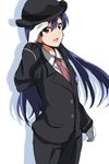  black_hat blue_hair brown_eyes female_service_cap formal gloves hat idolmaster idolmaster_(classic) kisaragi_chihaya lieass long_hair looking_at_viewer necktie open_mouth pant_suit simple_background solo suit uniform white_background white_gloves 