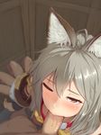  1girl animal_ears arm_at_side blush claw_(weapon) claws commentary erune fellatio from_above granblue_fantasy hair_between_eyes hetero kurowan long_hair looking_at_viewer one_eye_closed oral penis red_eyes saliva sen_(granblue_fantasy) silver_hair weapon 