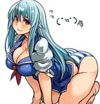  all_fours ass barefoot blue_hair blush breasts cleavage kamishirasawa_keine large_breasts long_hair panties perky_breasts plump red_eyes sachito simple_background solo striped striped_panties thick_thighs thighs touhou underwear white_background 