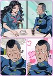  black_hair blush comic cup dollar_sign drinking_straw facial_mark flying_sweatdrops gakuran glass grey_hair hand_behind_head hayame_(m_ayame) heart highres jojo_no_kimyou_na_bouken multicolored_hair nijimura_okuyasu open_mouth plate pompadour purple_eyes school_uniform serafuku smile soda table teacup translation_request two-tone_hair wavy_hair yamagishi_yukako yen_sign 