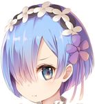  :t blue_eyes blue_hair close-up closed_mouth face hair_ornament hair_over_one_eye looking_at_viewer maid_headdress portrait pout re:zero_kara_hajimeru_isekai_seikatsu rem_(re:zero) rikoma short_hair simple_background solo white_background 