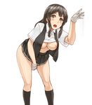  angoha arm_up bent_over black_hair black_legwear black_skirt black_vest blush breasts brown_eyes buttons collared_shirt fingering gloves hanging_breasts highres kantai_collection kneehighs large_breasts long_hair looking_at_viewer masturbation md5_mismatch nipples open_clothes open_vest oyashio_(kantai_collection) pleated_skirt shirt shirt_lift sidelocks simple_background skirt solo tareme thighs unbuttoned vest white_background white_gloves wing_collar 