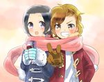  :3 :d black_hair blush brown_eyes brown_gloves brown_hair coat gloves grin idolmaster idolmaster_side-m looking_at_another male_focus multiple_boys okamura_nao open_mouth pink_scarf purple_eyes rice_(rice8p) scarf shared_scarf smile tachibana_shirou v winter_clothes winter_coat 